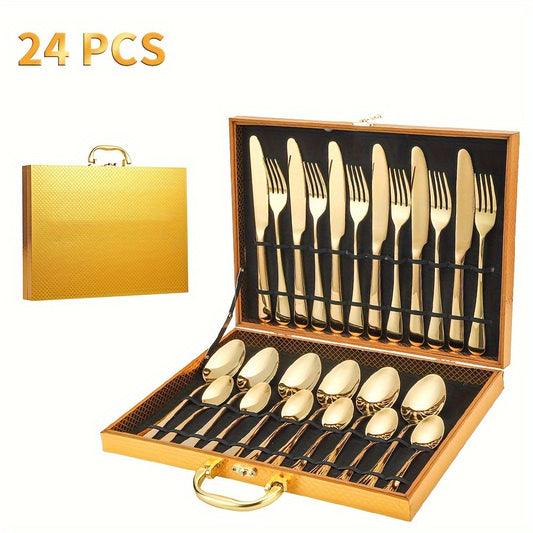 Elegant 24pcs Stainless Steel Cutlery Set with Wooden Gift Box - Mirror Polished, Dishwasher Safe Knives, Forks & Spoons for 6 People - Perfect for Weddings, Parties, Restaurants & Hotels